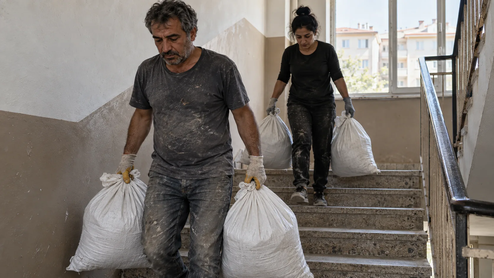 Çuvallı molozların apartman merdiveninden dikkatle taşınması