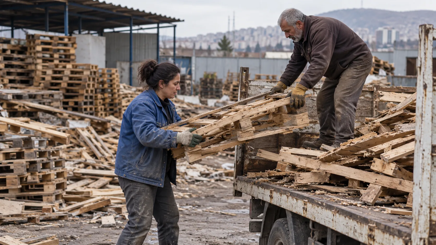 Kırık palet ve tahta parçalarının yüklenmesi