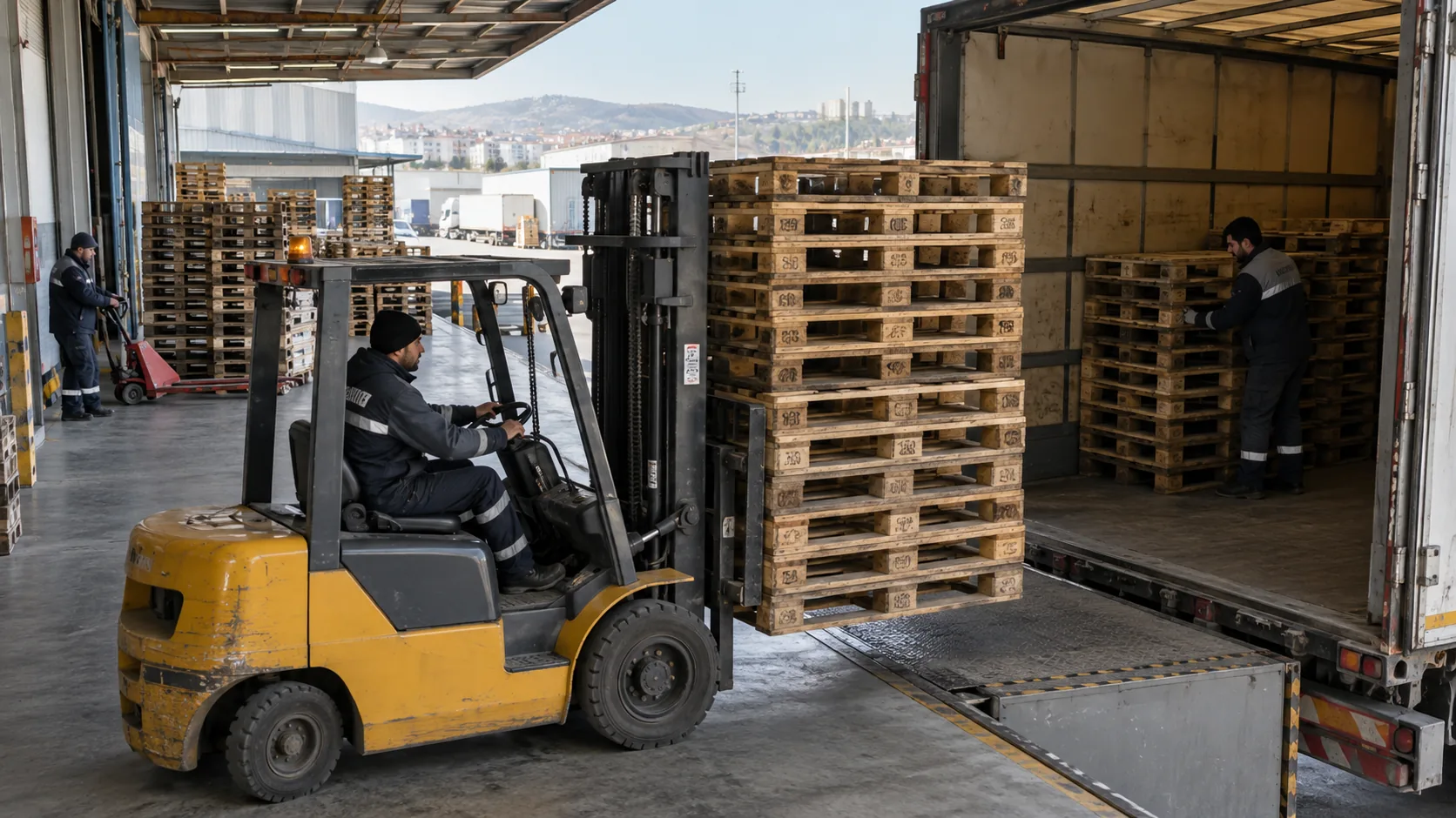 Fabrika yükleme alanındaki paletlerin taşınması